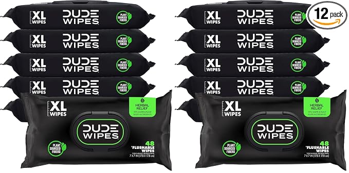DUDE Wipes Herbal Relief Flushable Wipes - Extra-Large Adult Wet-Wipes - Infused with Soothing Witch Hazel, Geranium Essential Oils, Vitamin E, and Aloe - Septic and Sewer Safe 48 Count (Pack of 12)