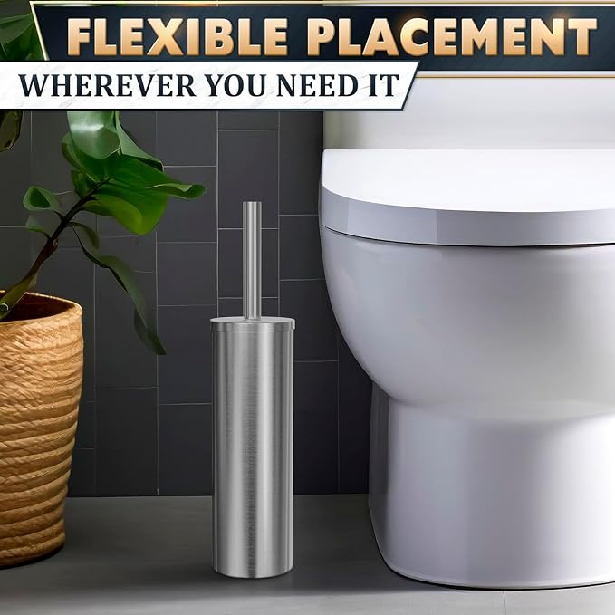 2 Pcs Stylish Stainless Steel Toilet Brush and Holder Set - Silver Toilet Bowl Brush and Holder with Splash Cover, Sturdy Bristles, Corrosion & Scratch Resistant - Elegant Design, Effective Cleaning