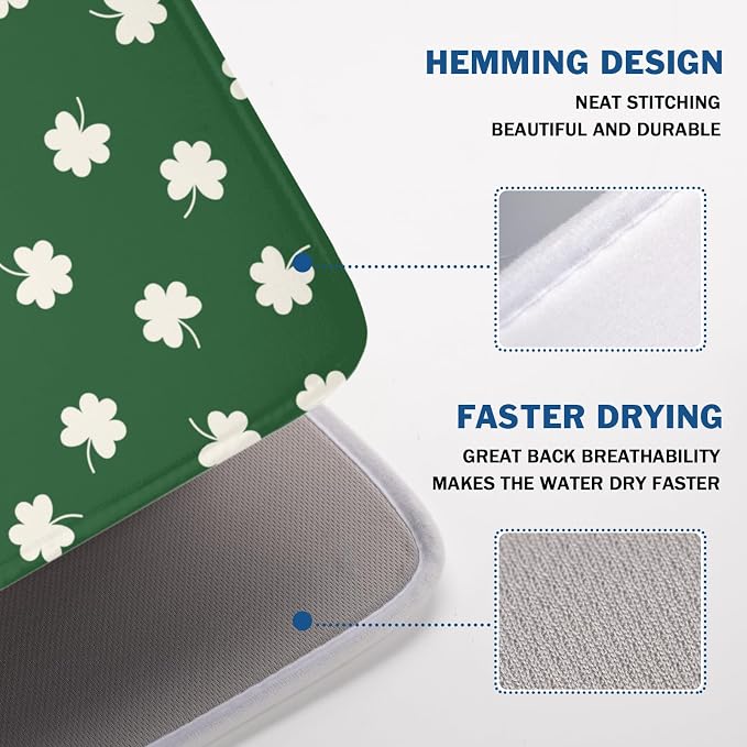 St Patricks Day Lucky Clover Dish Drying Mats for Kitchen Counter Green White Shamrock Dish Drying Pad St Patrick Microfiber Absorbent Reusable Washable Large Dishes Drying Mat 18x24 Inch