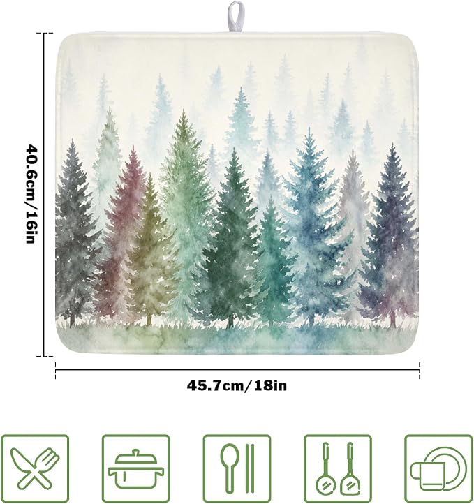 Giwawa Pine Tree Dish Drying Mat Natural Forest Fog Microfiber Dishes Pad 16x18 Inch Absorbent Fast Dry Dish Drainer Rack Mats for Kitchen Counter