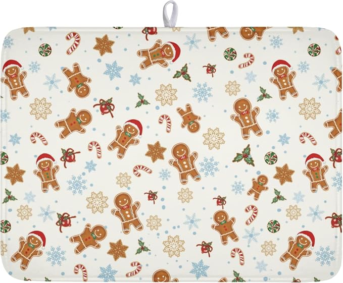 Christmas Gingerbread Man Dish Drying Mat 18x24 Inch Xmas Snowflake | Winter，Polyester，Absorbent Microfiber，for Kitchen Coffee Dining Bar Decor