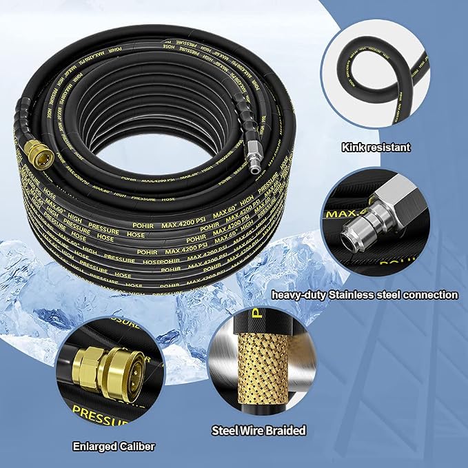 Pressure Washer Hose 25ft with 3/8'' QC, 4200PSI Power Washing Hose | 2pcs Quick Connect with M22 14mm Adapters, Steel Wire Braided 1/4’’ ID Hose, No-Kink&No-Bursting Powerful Cleaning Car Wash