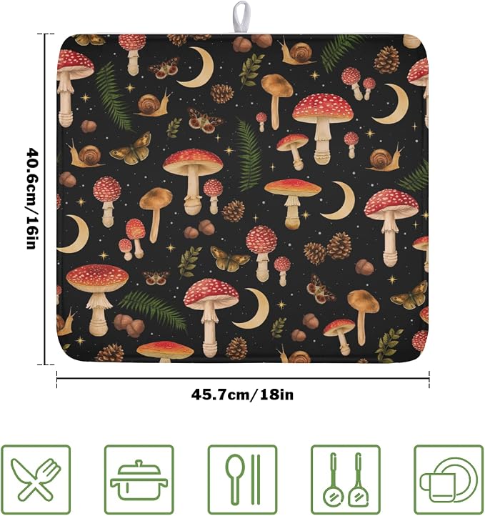 Botanical Mushroom Fern Leaf Dish Drying Mat 16x18 Inch | Butterfly，Polyester，Absorbent Microfiber，for Kitchen Coffee Dining Bar Decor