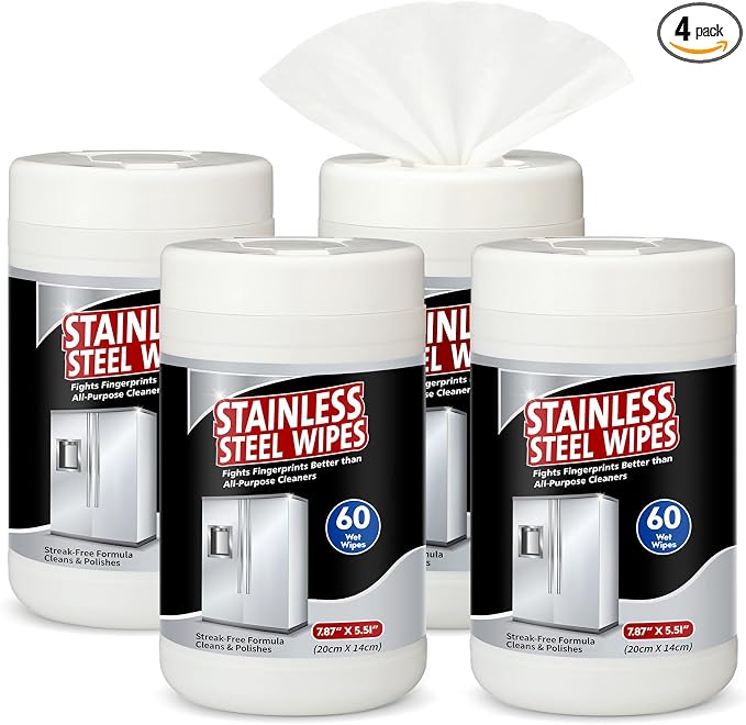 Threlaco 4 Pack Stainless Steel Cleaner Wipes 240 Count Stainless Steel Polish Wipes Cleaner for Kitchen Oven Refrigerator Dishwasher Microwave Cleaning and Protection