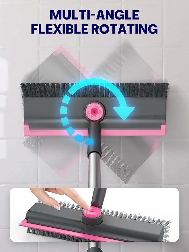 3 in 1 Floor Scrub Brush with Long Handle, Deck Brush with Squeegee | Stiff Dual-side Bristle, 360° Swivel Head with Tweezer, for Tile Wall Deck Bathroom Patio Garage Pool Kitchen (Pink and Gray)