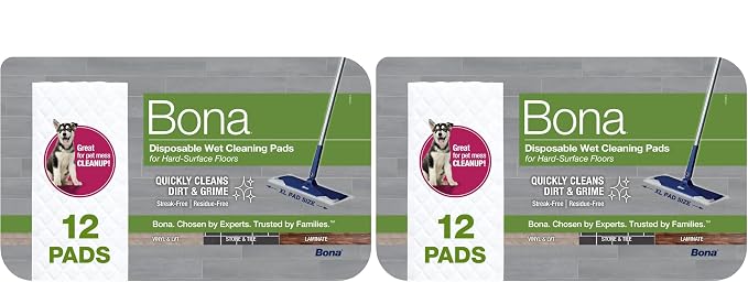 Bona Multi-Surface Floor Disposable Wet Cleaning Pads - Residue-Free Floor Cleaning Solution for Stone, Tile, Laminate, and Vinyl Floors - 12 Count (Pack of 2)