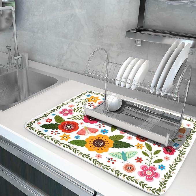 Colorful Boho Floral Dish Drying Mat 18x24 Inch Dishes Dry Pad Drainer Rack Mats Absorbent Hanging Loop Kitchen Counter Bar Accessories