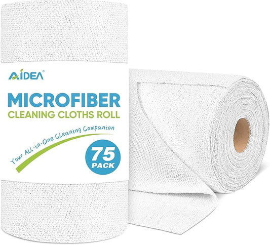AIDEA Microfiber Cleaning Cloth Roll-75PK, Reusable Paper Towels,11.5×11.5" | Microfiber Towels for Cars, Tear Away Cloth, Commercial White Shop Rags, Lint Free Rags for House, Kitchen, Automotive