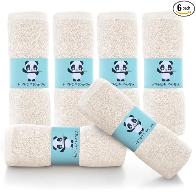 HIPHOP PANDA Baby Washcloths, Rayon Made from Bamboo - 2 Layer Ultra Soft Absorbent Newborn Bath Face Towel - Reusable Baby Wipes for Delicate Skin - Ivory, 6 Pack