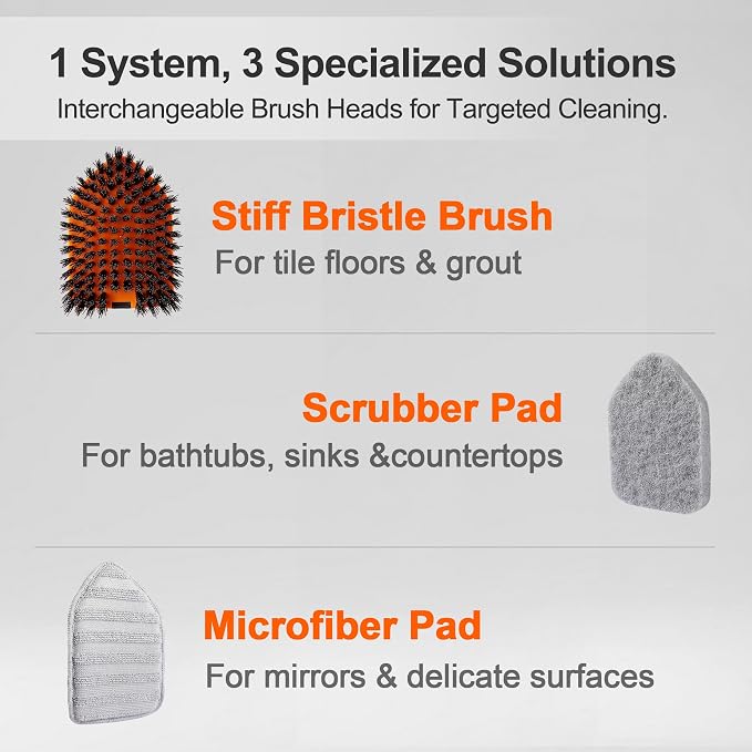 CLEANHOME Tile Tub Scrubber Brush with 3 Different Function Cleaning Heads and 56" Extendable Long Handle-No Scratch Shower Scrubber for Cleaning Bathroom Kitchen Toilet Wall,Bathtub,Sink,Grey