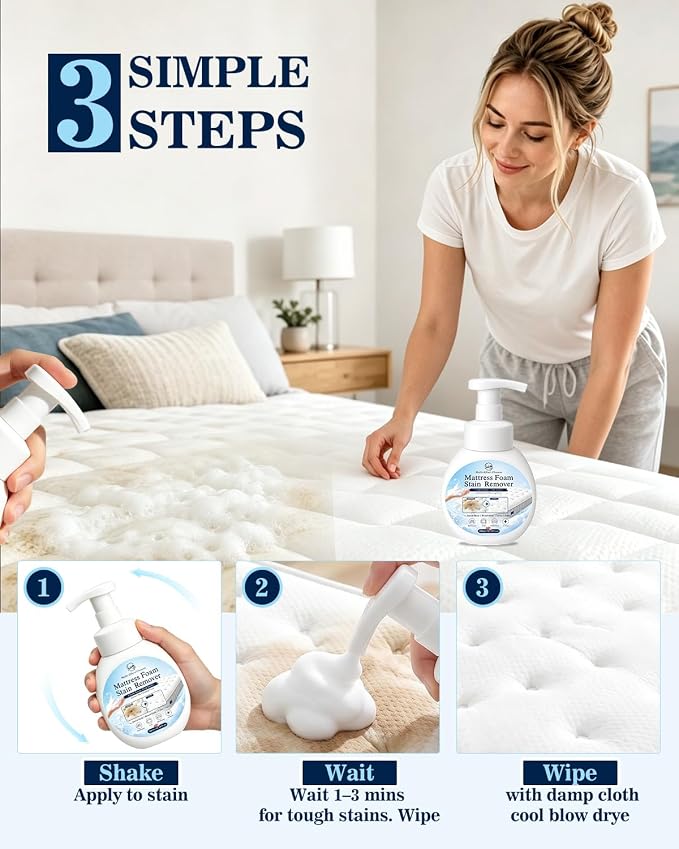 Snowlily Mattress Stain Remover Foam Spray - Multi-Surface Fabric and Upholstery Cleaner, Pet-Safe, Non-Toxic, Quick-Drying for Mattress, Couch, Carpet,300ml