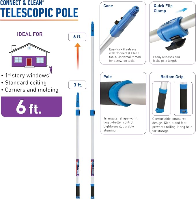 Unger Professional Connect & Clean 3’-6’ Aluminum Telescopic Extension Pole with Locking Cone & Quick-Flip Clamp – Compatible with Cleaning Tool Attachments, Window Cleaning & Dusting Tool