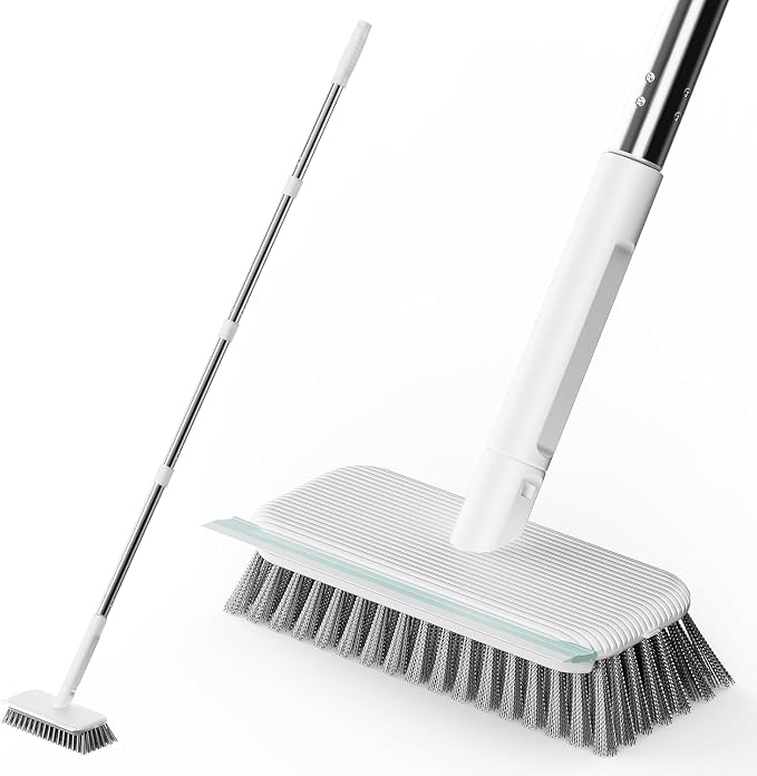 AIR U+ Concrete Scrub Brush, Long Handle, 7-Row Wire Bristles, Squeegee | Removes moss, algae and tough buildup from patios, driveways, pavers and garage floors, focused control for edges and steps
