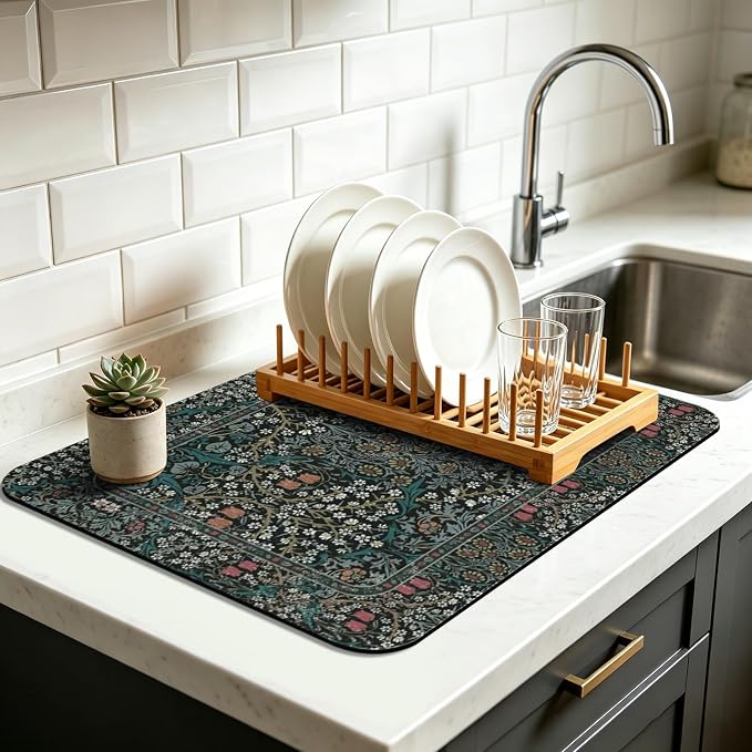Vintage Floral Dish Drying Mat 18x24 Inch, Dish Mat Drying Kitchen Mats for Extra Large Absorbent Countertop, Aesthetic Boho Drying Matt Kitchen Counter Washable Heat Resistant Dish Drainer Rack Mat