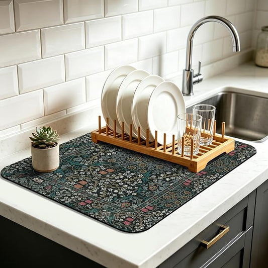 Vintage Floral Dish Drying Mat 17x32 Inch, Dish Mat Drying Kitchen Mats for Extra Large Absorbent Countertop, Aesthetic Boho Drying Matt Kitchen Counter Washable Heat Resistant Dish Drainer Rack Mat | Made of super absorbent diatomite that quick dries ...