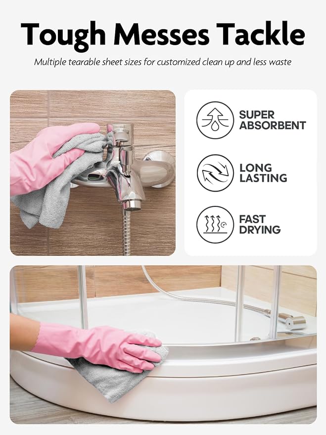 Fantasticlean Microfiber Cleaning Cloth Roll- 60 Sheets,12"x12"(Pink, Grey) | Super Absorbent, Lint-free, Tear-away Microfiber Towel Roll, for All-Purpose Cleaning, Reusable Alternative to Paper Towels