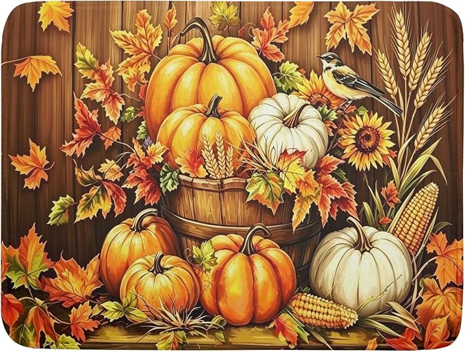 Autumn Dish Drying Mat for Kitchen Counter Fall Pumpkin Corn Harvest Microfiber Absorbent Dish Draining Reusable Washable Foldable Extra Large 18"x24"