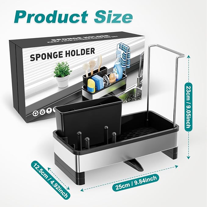 Ewaiira Stainless Steel Sink Caddy, Sponge Holder for Kitchen Sink with Brush Holder and Towel Rack, Sink Organizer for Countertop, Soap Kitchen Organizers Storage Essentials (A-Black)