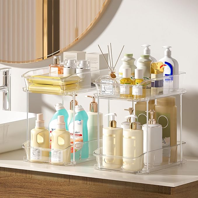 Delamu 2-Tier Under Sink Organizers and Storage, Multi-Purpose Stackable Bathroom Cabinet organizers, Pull Out Kitchen Pantry Organization and Storage with Dividers(2 Pack, Clear)