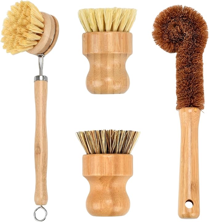 4 Piece Bamboo Dish Brush Set - Bamboo Dish Bottle Brush with Sisal, Dish Scrubber for Kitchen Cleaning Dishes, Pots, Pans