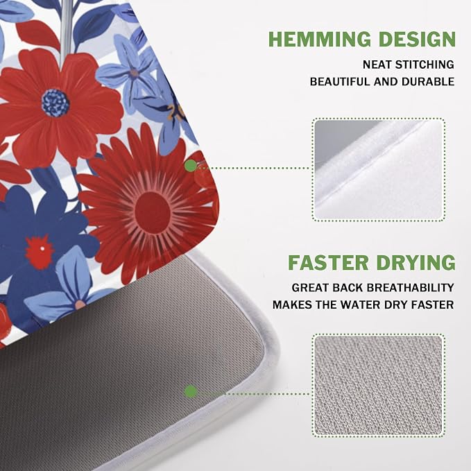 Patriotic Floral Dish Drying Mat for Kitchen Counter 4th of July American Flag Microfiber Dish Drainer Mat Red and Blue Flower Absorbent Washable Drying Pad 16"x18"