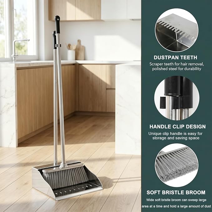 Metal Dustpan with Soft Bristles Broom Heavy Duty Stainless Steel Upright Standing Dust Pan and Broom for Sweeping Indoor Outdoor Home Kitchen Office Lobby Hardwood Floor Cleaning