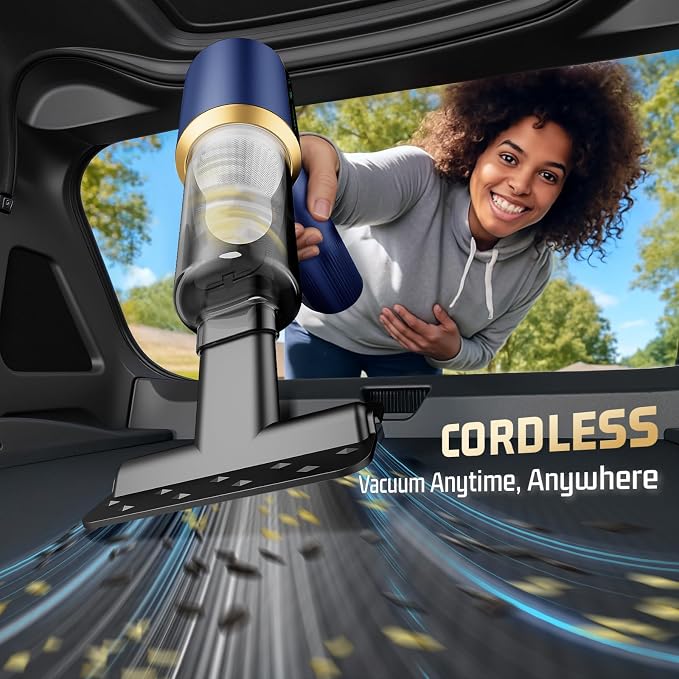 Cordless Car Vacuum Cleaner: 7-in-1 & 16000Pa Suction - Navy Blue | Handheld Vacuum Cleaner with Brushless Motor - LED Battery Display & Type-C Charging - For Car, Home, Pet Hair
