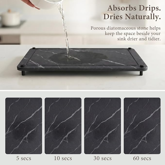 Stone Dish Drying Mat 18"x14", Black Stone Drying Mat for Kitchen Counter, Diatomaceous Earth Dish Drying Mat, Fast Absorbent Drying Stone, Minimalist Countertop Tray, Non-Slip Easy Clean