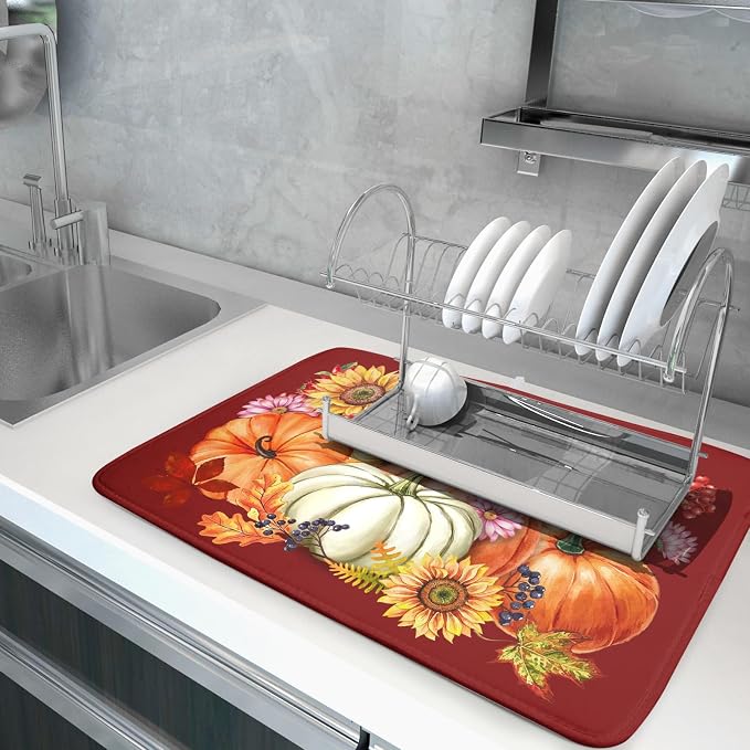 Fall Dish Drying Mat for Kitchen Counter Autumn Pumpkin Sunflowers Thanksgiving Microfiber Absorbent Dish Draining Reusable Washable Foldable Extra Large 18"x24"