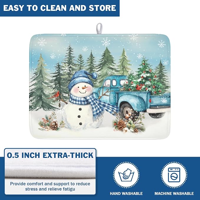 Giwawa Winter Snowman Blue Dish Drying Mat Xmas Truck Dishes Pad 18"x24" Microfiber Absorbent Drainer Rack Mats Protector for Kitchen Counter Sink