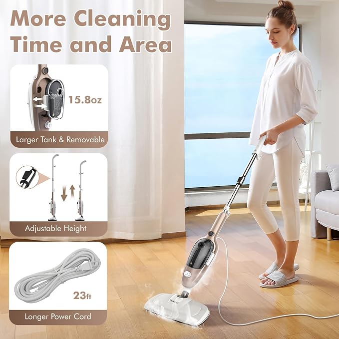Steam Mop - All-in-one Powerful Handheld Steam Cleaner Detachable Floor Steamer with 11 Accessories, MultiPurpose Steamer for Hardwood Floors, Clothes,Windows,Tiles,Carpet, Whole Home Use(Rose Gold)