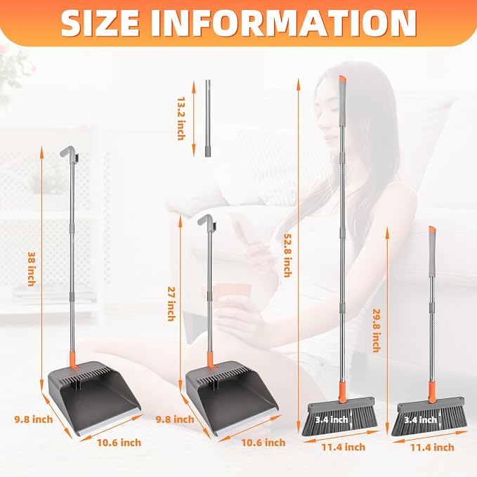 Broom and Dustpan Set, 51 inch Long Adjustable Handle Angle Broom and Dustpan Combo Set with Double Dustpan Teeth to Clean Hair for Home Kitchen Office Lobby, Orange&Grey