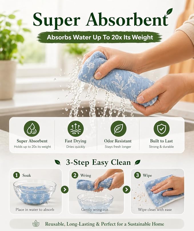10 PCS Leaf Print Swedish Dishcloths for Kitchen 100% Biodegradable, Reusable Cellulose Sponge Cloths Ultra Absorbent, Eco Friendly Cleaning Towels Dishcloths for Washing Dishes & General Cleaning