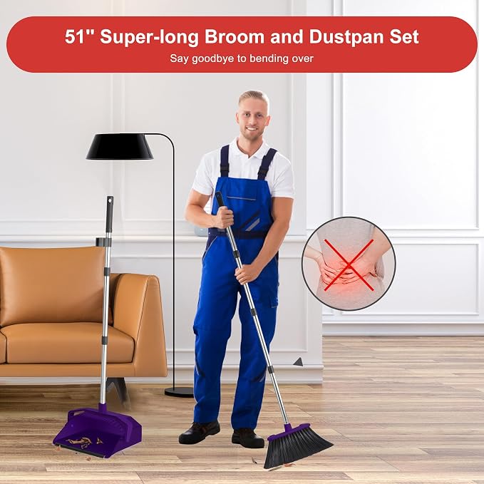 Broom and Dustpan Set for Home, 51" Long Handle Standing Dustpan Purple | Self-Cleaning Dust Pan and Brooms, ZeroGap Lip, Upright Storage Broom Combo for Kitchen Lobby Office Restaurant Indoor