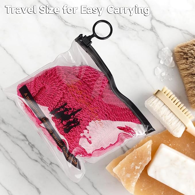 SubSahara Authentic African Net Sponge - 2 Pack Exfoliating Bath & Shower Loofah Sponge for Body & Face, Gentle Scrubber for All Skin Types, Travel, Durable (Black & Pink)