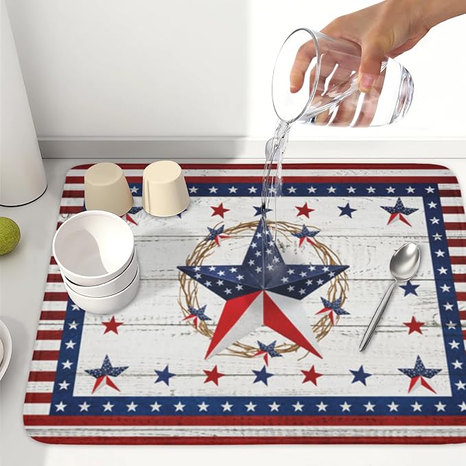 4th of July Patriotic Dish Drying Mat for Kitchen Counter Vintage Red and Blue Star Microfiber Dish Drainer Mat Country Absorbent Washable Drying Pad Extra Large 18"x24"