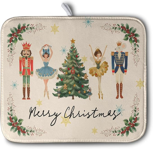 Merry Christmas Nutcracker Dish Drying Mat for Kitchen Counter 16x18 Inch Winter Xmas Tree Snowflakes Drying Mats Microfiber Absorbent Dish Drainer Washable Dish Rack Pad for Sink Coffee Bar