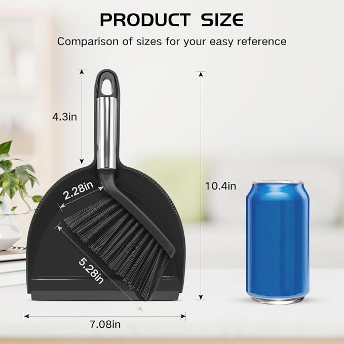 NACENA Mini Broom and Dustpan Set, 2 Packs, Black | Small Dust Pan and Brush Set with Handle Dustpan Teeth for Cleaning Hair Suitable for Desks Sofas Pet Care Outdoor Camping