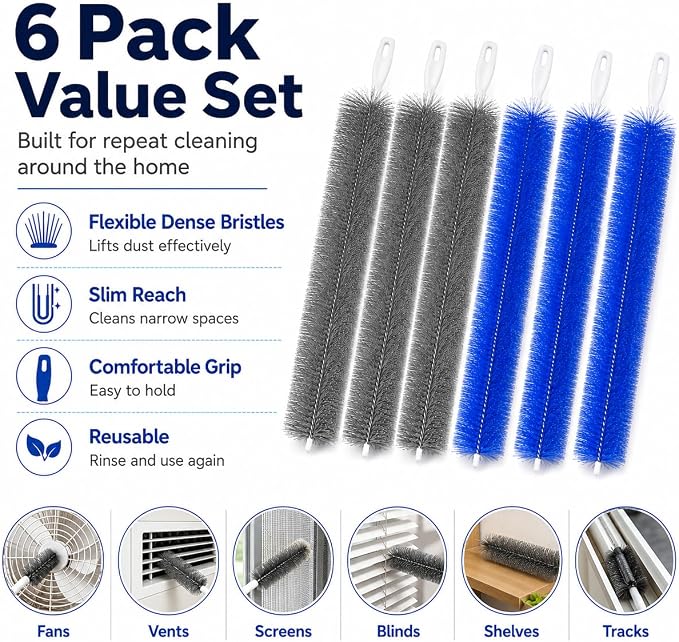 6 Pack Fan Cleaning Brush, Bendable Blinds Cleaner Tool for Vents | 6 reusable fan cleaning brushes with flexible bristles for fans, blinds, vents, screens, tracks and narrow gaps.