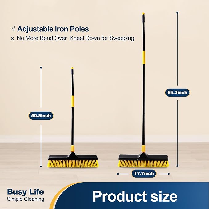 Yocada 18 Inch Push Broom Heavy-Duty Outdoor Commercial Broom Brush | Stiff Bristles for Cleaning Patio Garage Deck Concrete Wood Stone Tile Floor 65.3 inch Long