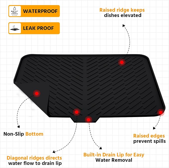 Luxet Silicone Dish Drying Mat with Built-in Drain Lip - Hygienic Drying Pad - Sturdy Compact Easy to Clean Tray Protects Surfaces Prevents Water Build Up - 23 X 17 (Black)