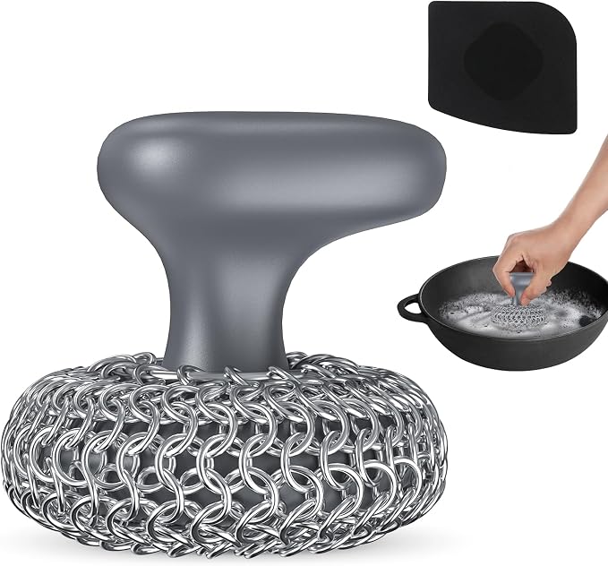 Cast Iron Scrubber | Dish Scrub Brush | 316 Cleaner Chainmail Scrubber for Cast Iron Pan Skillet Cleaner - Dish Scouring Pad Dishwasher Safe Cleaning Kit, Grey 02