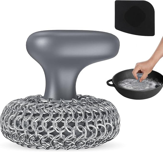 Cast Iron Scrubber | Dish Scrub Brush | 316 Cleaner Chainmail Scrubber for Cast Iron Pan Skillet Cleaner - Dish Scouring Pad Dishwasher Safe Cleaning Kit, Grey 02