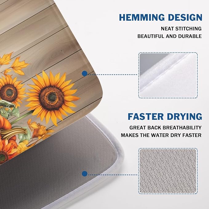 Fall Orang Pumpkin Dish Drying Mat for Kitchen Counter 18 x 24 Inch Autumn Sunflower Dish Drainer Mat Absorbent Microfiber Thanksgiving Wooden Dish Rack Pad for Coffee Dining Bar Decor