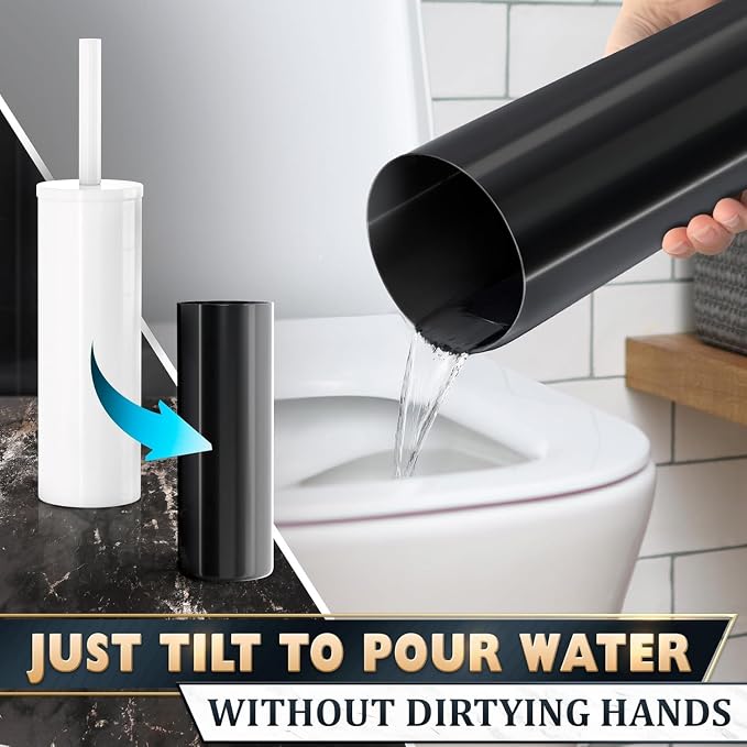Stainless Steel Toilet Brush and Holder Set White - Long Handle Toilet Bowl Cleaner Brush and Holder - Removable Inner Liner, Shiny Design, Splash Protection & Dense Bristles for Bathroom Cleaning