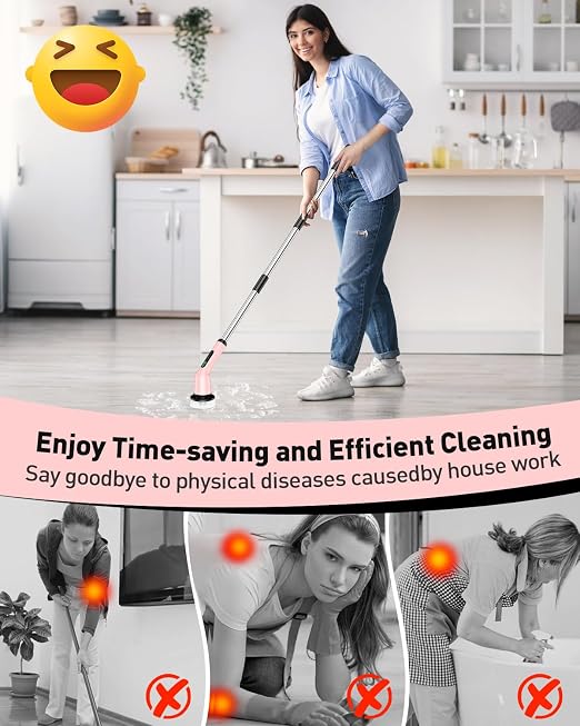 Shower Scrubber with Long Handle, Shower Cleaner Brush with 8 Floor Machine Pads, Cordless Electric Spin Scrubber for Cleaning with 2 Speed, Cleaning Supplies for Bathroom Bathtub Kitchen Floor Toilet