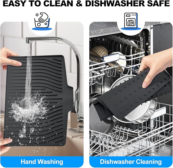 Silicone Dish Drying Mat for Kitchen Countertops and Sinks,19 x13.7 Inch Non Slip Heat Resistant Mat with Built In Drainage System,For Refrigerator and Drawer Liners (black, 19 x13.7 Inch)