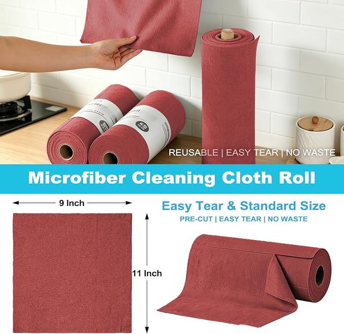 Puomue 55 Pack Microfiber Cleaning Cloth Roll, Tear Away Reusable Paper Towels, 11" X 9", Ultra Absorbent & Lint Free Microfiber Cloth for Cleaning Cars, Kitchen, Window, Home and Shop, Burgundy Red