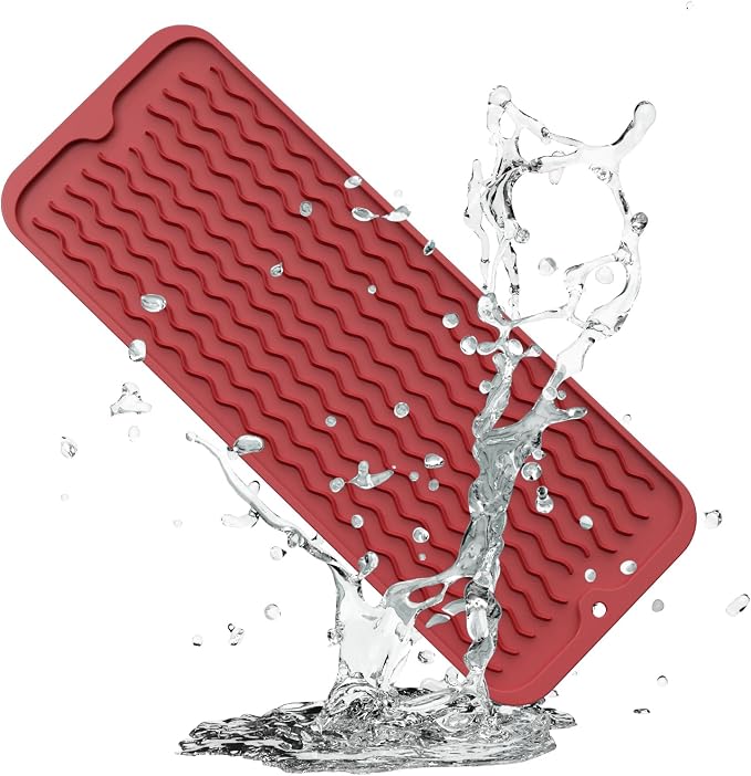 ZLR Small Dish Drying Mat (6" x 17" / 153 x 433mm) - Narrow Silicone Drainer for Kitchen Counter, Apartment & RV - Compact Sponge Holder & Sink Caddy Tray, Non-Slip Food-Grade Silicone (Lava Red)