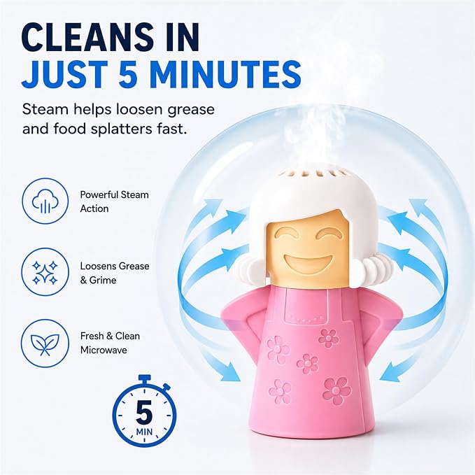 Microwave Steam Cleaner Tool, Fill with Vinegar & Water, Optional Lemon Drops, Heat 5-7 Minutes to Soften Grease & Residue, Non-Toxic Reusable Kitchen Cleaner for Microwaves (Pink)